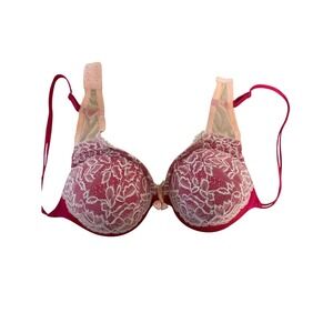 Victoria Secret Very Sexy Plunge Bra 34D Pink White Floral Lace Underwire Padded
